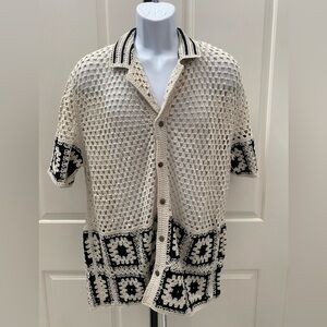 Crochet Button-Up Shirt in Cream and Black Sz L